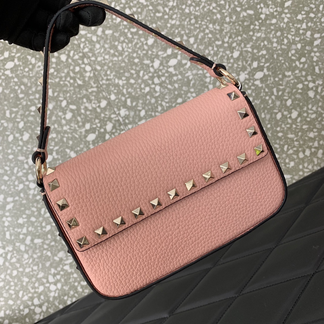 Valentino Garavani Rockstud Small Shoulder Bag in Nude Pink Grainy Calfskin